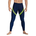 Navy blue gigo core blue leggings with bright neon green diagonal stripes on outer thighs for athletic use