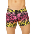 Gigo Crazy Beachwear swim trunks with vibrant pink yellow and black graffiti pattern and drawstring waistband