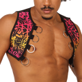 Vibrant graffiti-patterned black neoprene gigo crazy vest harness with metallic silver rings and adjustable straps