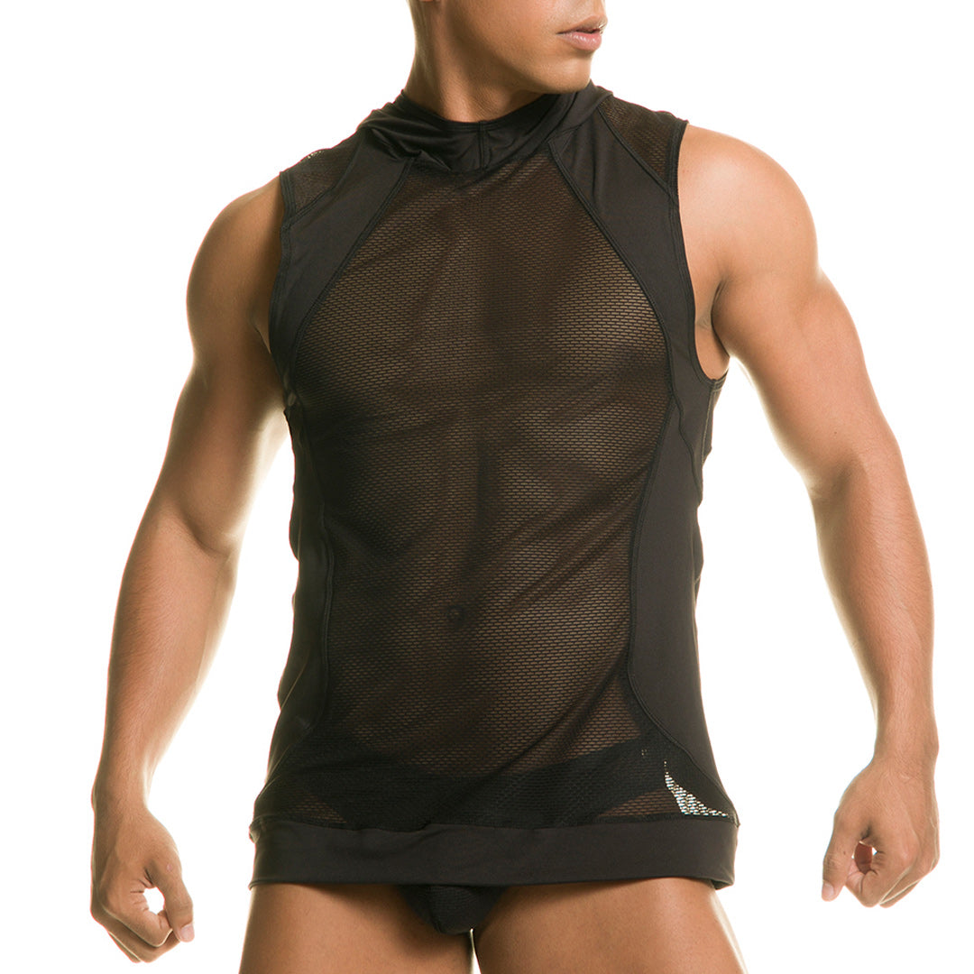 Gigo destructive black hoody tshirt sleeveless top with black mesh front high collar and solid fabric side panels