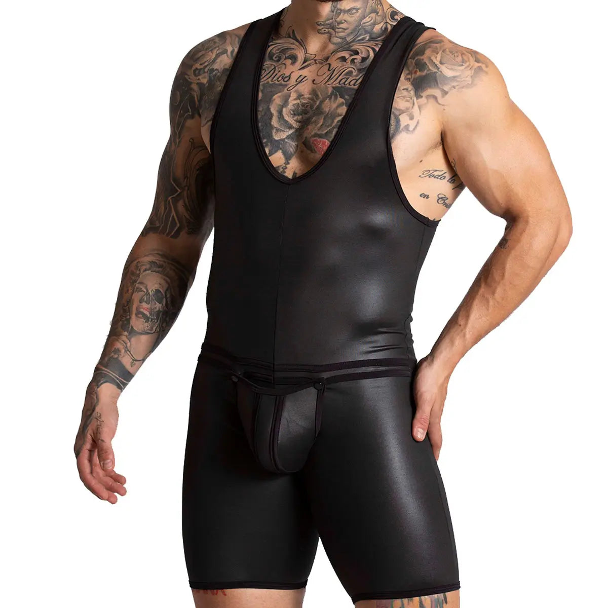 F FETISH BLACK BODY - Sexy leather bodysuit for man with back zipper and removable front cup