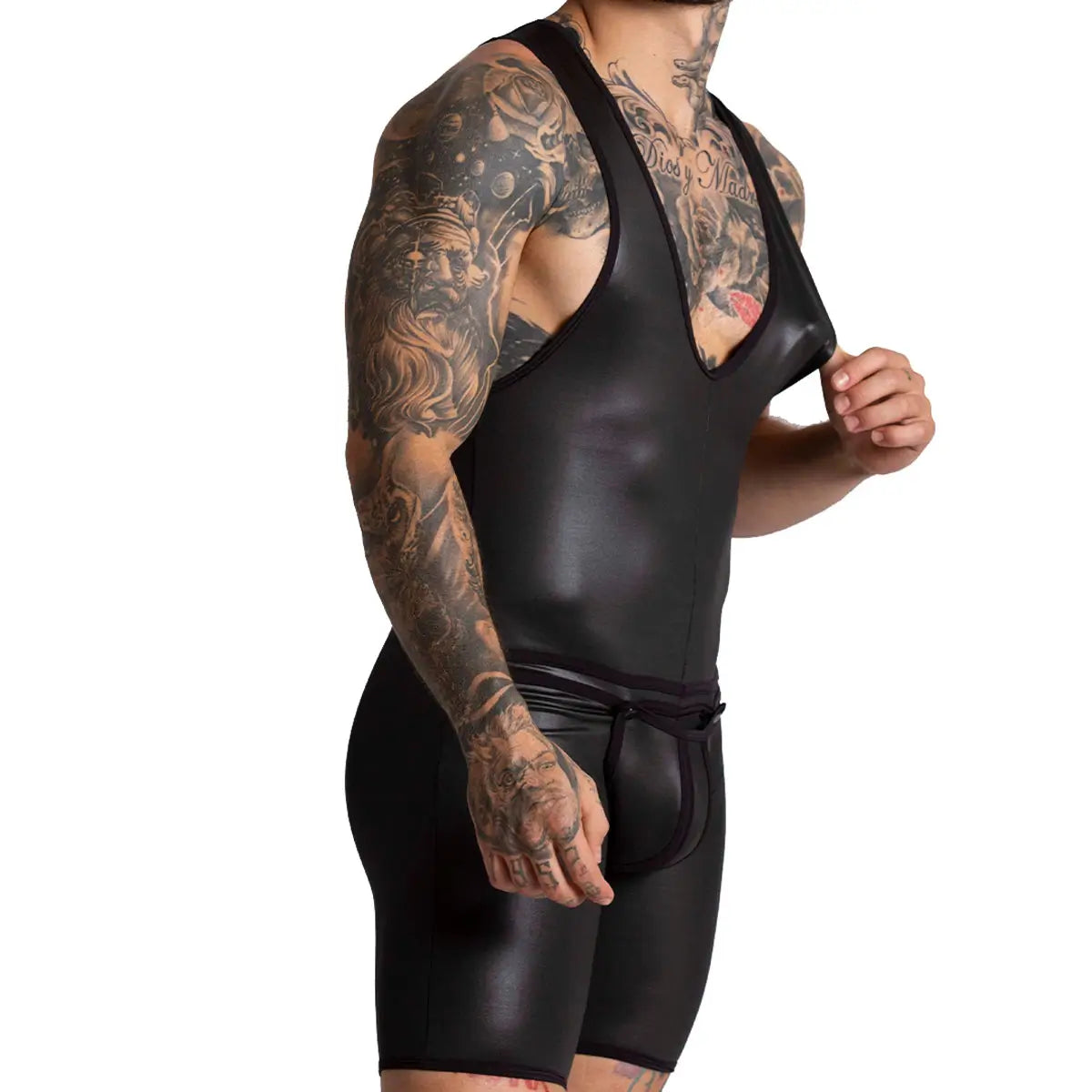 F FETISH BLACK BODY - Sexy leather bodysuit for man with back zipper and removable front cup