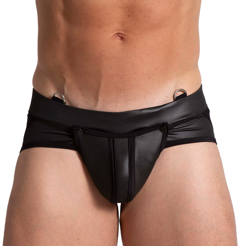 F FETISH BLACK JOCKSTRAP - Sexy black leather type jockstrap for men with detachable front cup