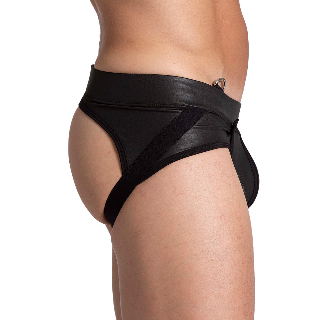 F FETISH BLACK JOCKSTRAP - Sexy black leather type jockstrap for men with detachable front cup
