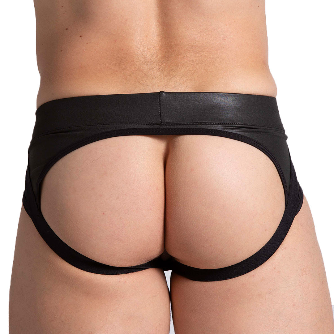 F FETISH BLACK JOCKSTRAP - Sexy black leather type jockstrap for men with detachable front cup