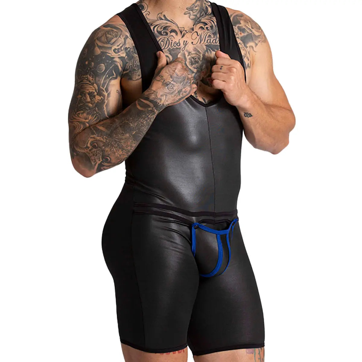 F FETISH BLUE BODY - Sexy leather bodysuit for man with back zipper and removable front cup