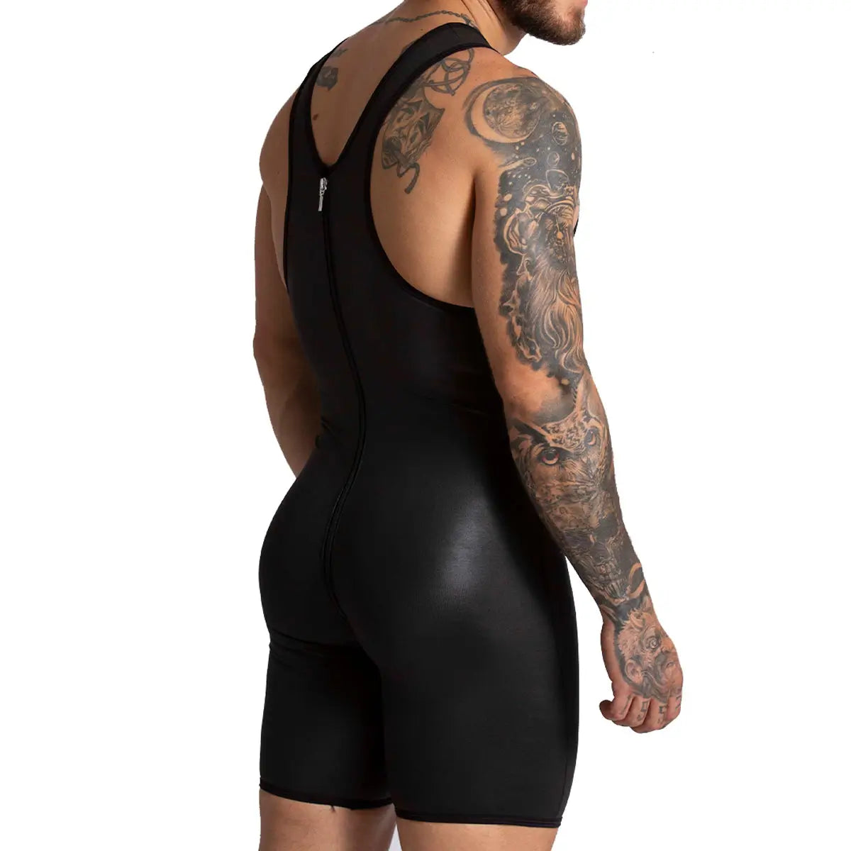 F FETISH BLUE BODY - Sexy leather bodysuit for man with back zipper and removable front cup