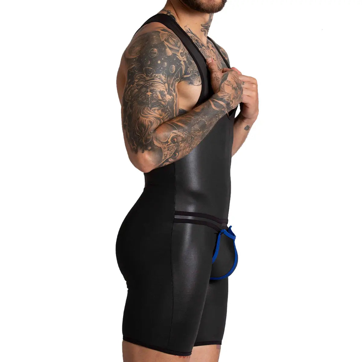 F FETISH BLUE BODY - Sexy leather bodysuit for man with back zipper and removable front cup