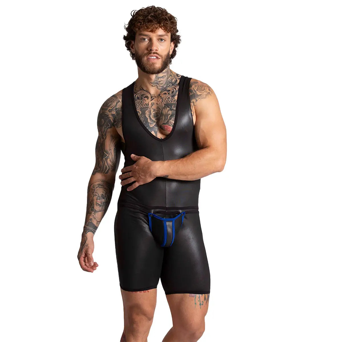 F FETISH BLUE BODY - Sexy leather bodysuit for man with back zipper and removable front cup