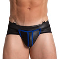 Black and blue faux leather briefs with a shiny sleek finish from gigo f fetish blue jockstrap collection