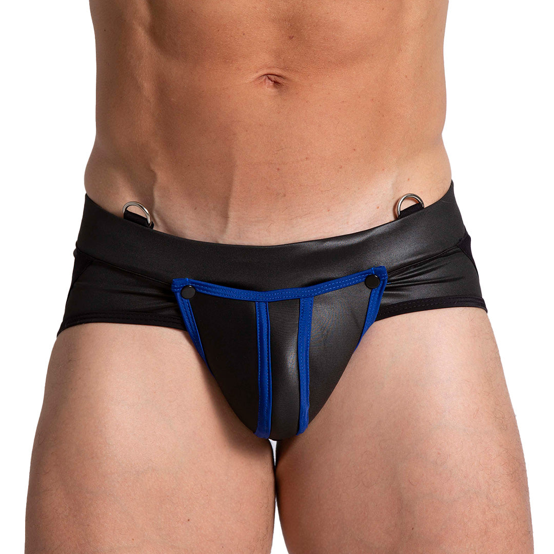 F FETISH BLUE JOCKSTRAP - Sexy black leather type jockstrap for men with detachable front cup