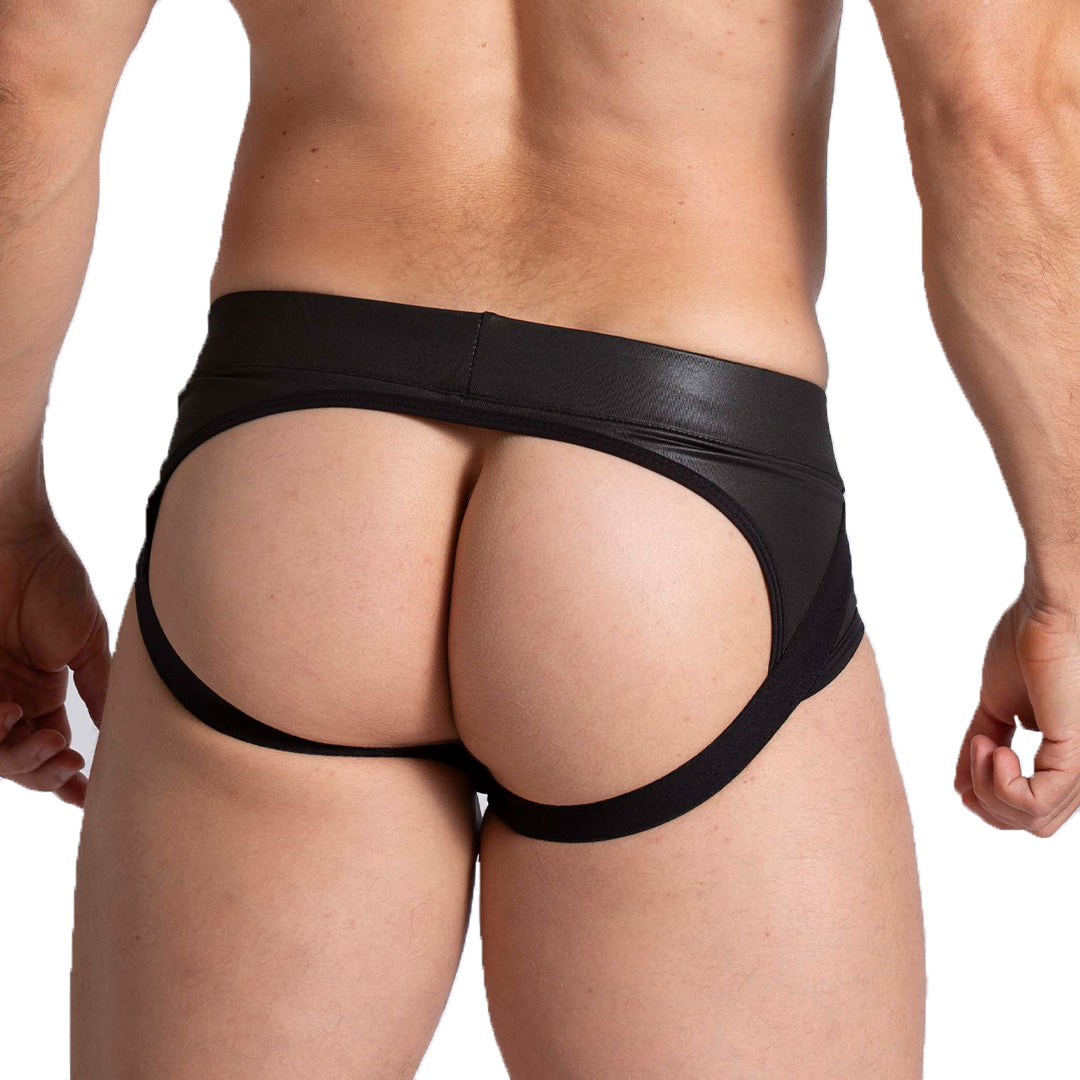 F FETISH BLUE JOCKSTRAP - Sexy black leather type jockstrap for men with detachable front cup