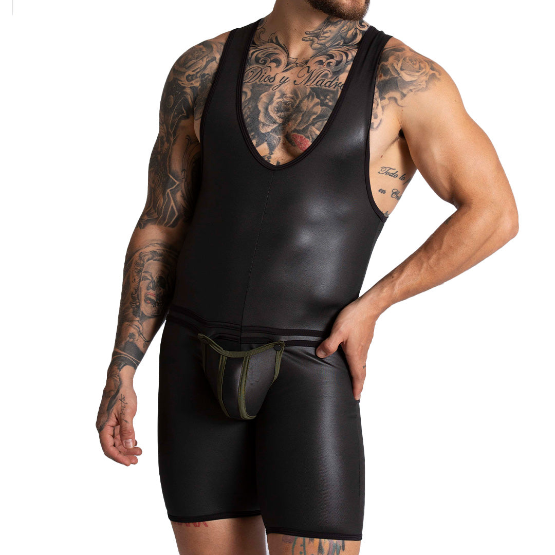 F FETISH GREEN BODY - Sexy leather bodysuit for man with back zipper and removable front cup