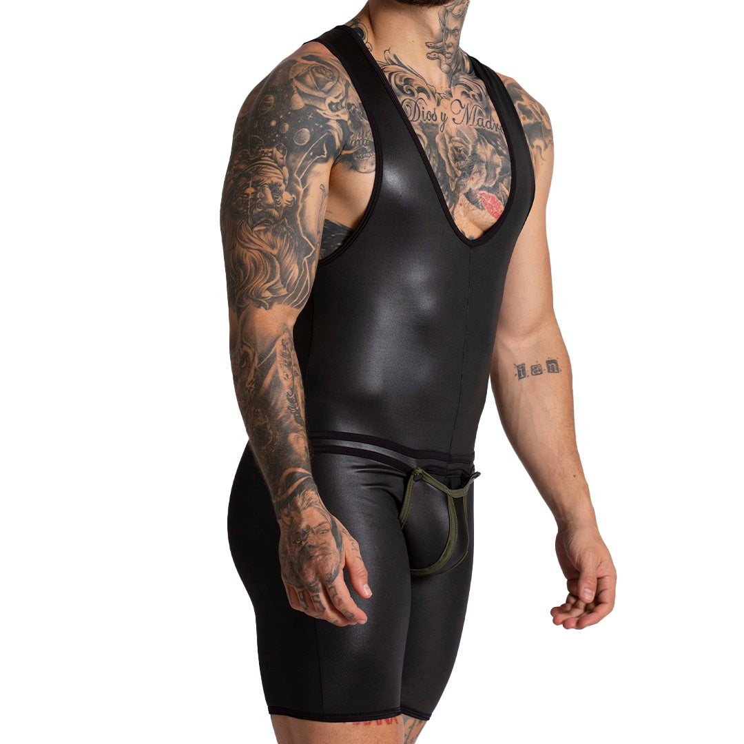 F FETISH GREEN BODY - Sexy leather bodysuit for man with back zipper and removable front cup