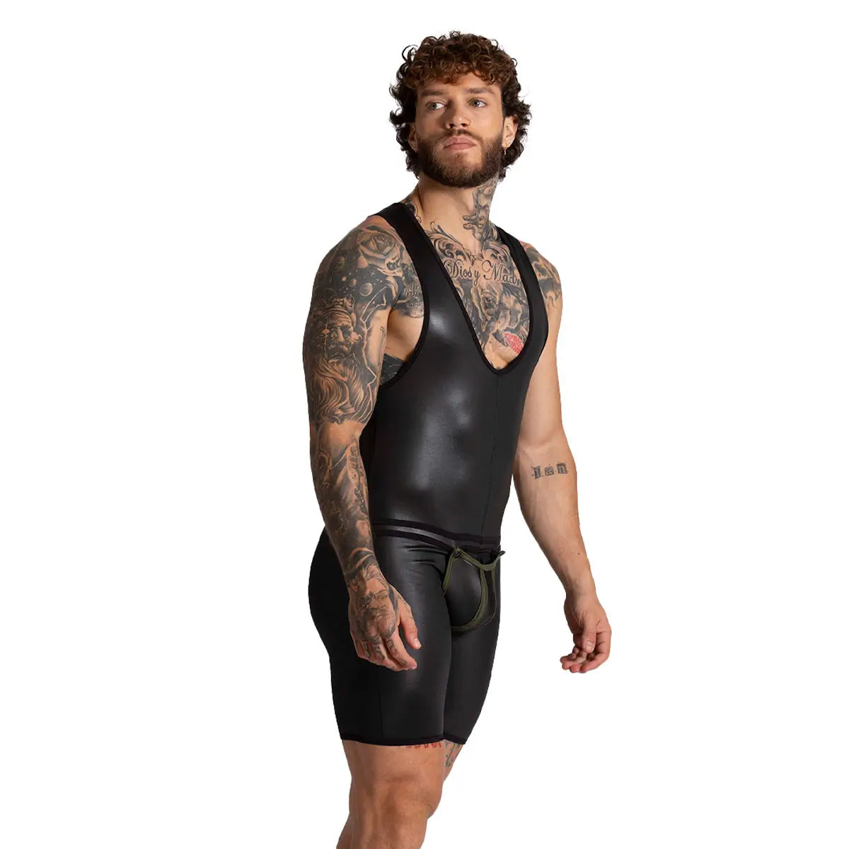 F FETISH GREEN BODY - Sexy leather bodysuit for man with back zipper and removable front cup