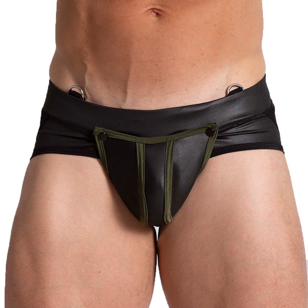 F FETISH GREEN JOCKSTRAP - Sexy black leather type jockstrap for men with detachable front cup