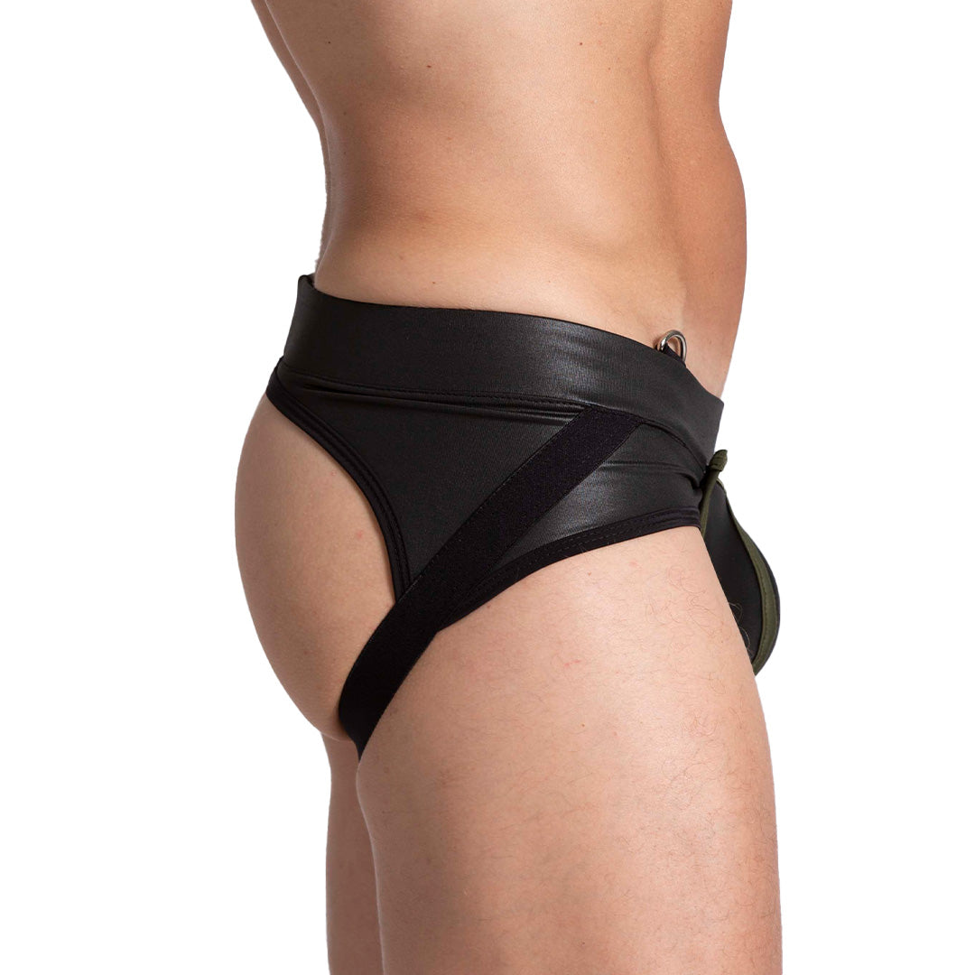 F FETISH GREEN JOCKSTRAP - Sexy black leather type jockstrap for men with detachable front cup