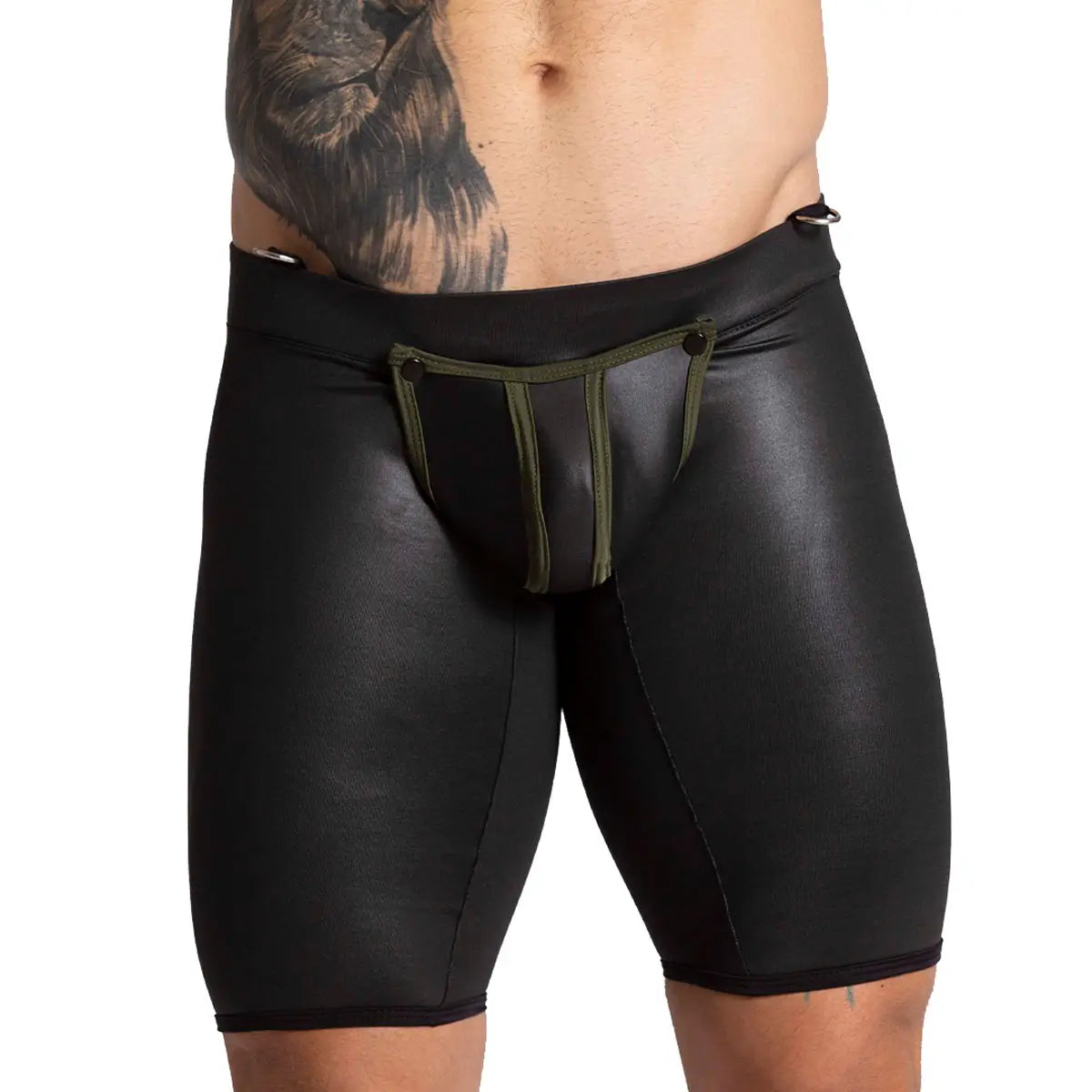 Black shiny faux leather briefs with olive green trim and button details from gigo f fetish green trunk long collection