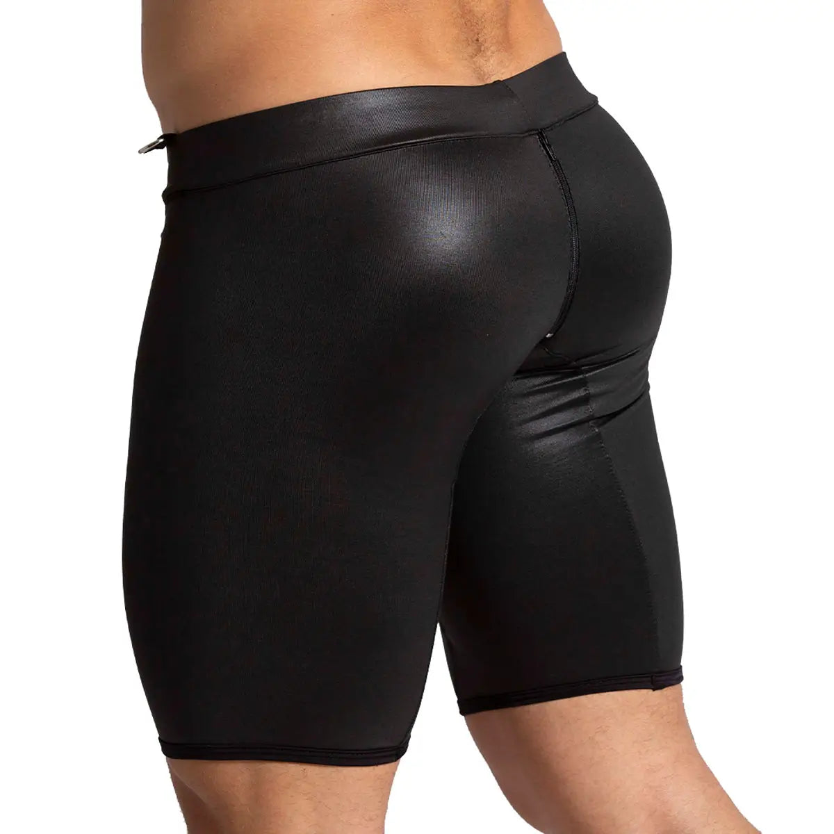 Gigo f fetish green trunk long black shiny faux leather shorts with snug fit and elastic waistband