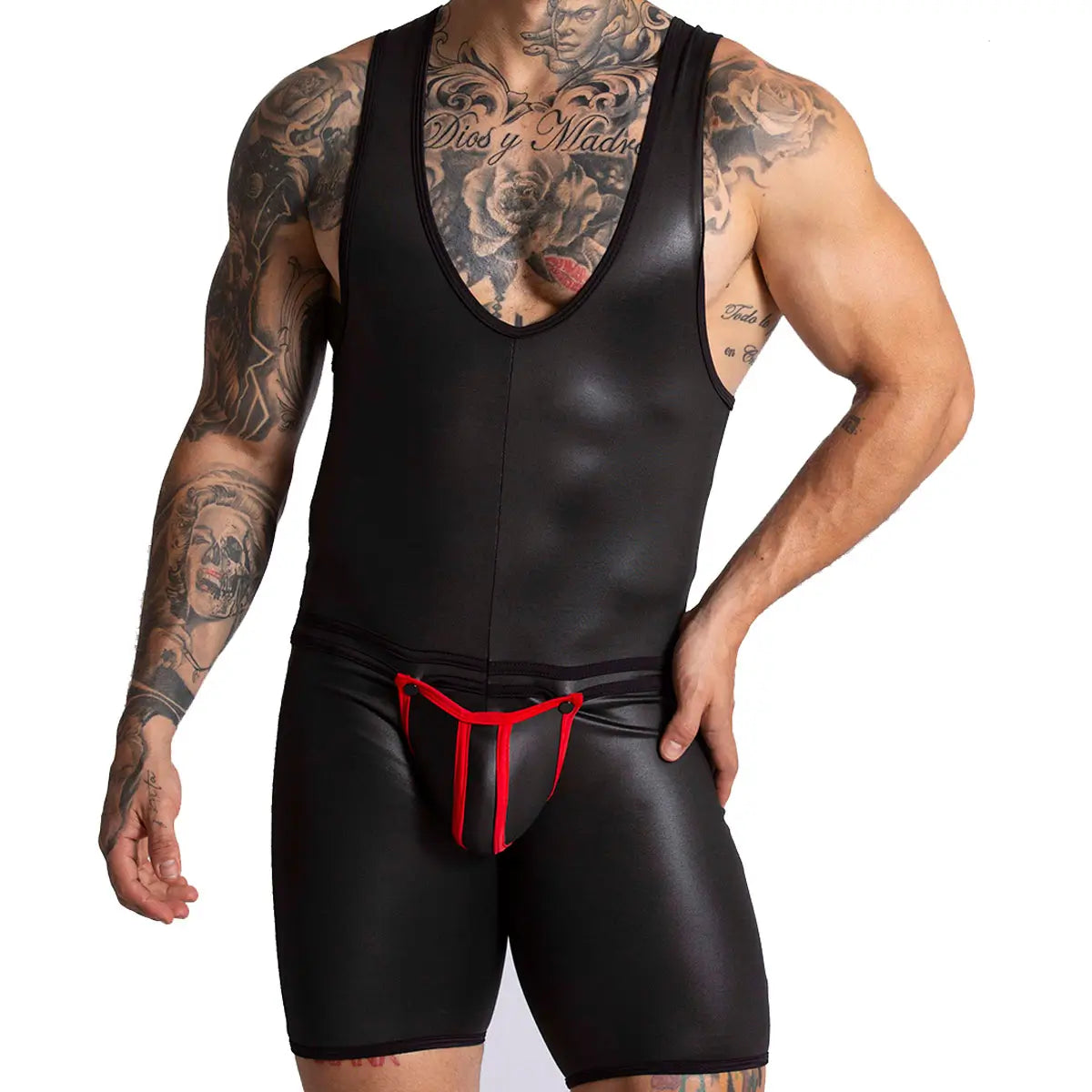 F FETISH RED BODY - Sexy leather bodysuit for man with back zipper and removable front cup