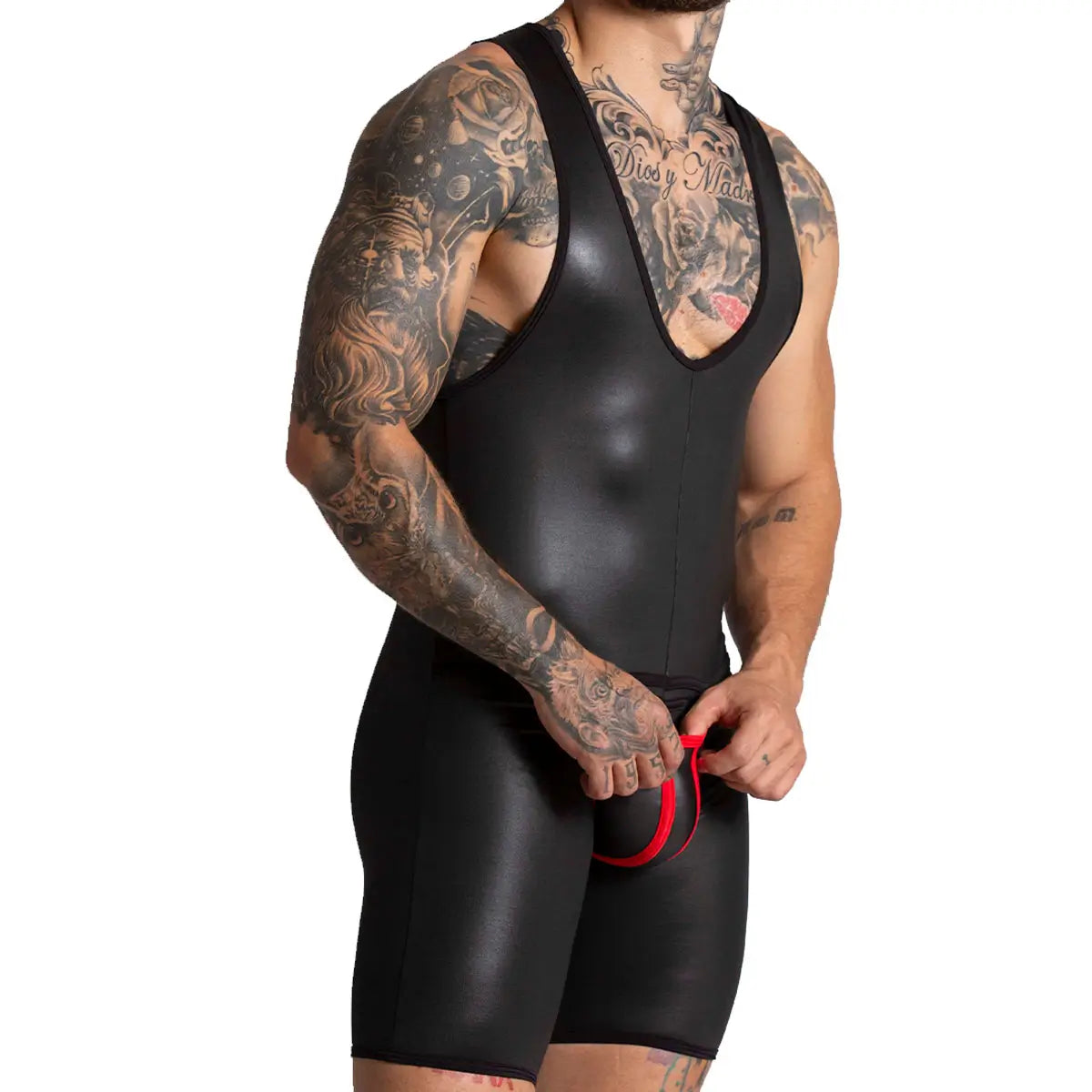 F FETISH RED BODY - Sexy leather bodysuit for man with back zipper and removable front cup