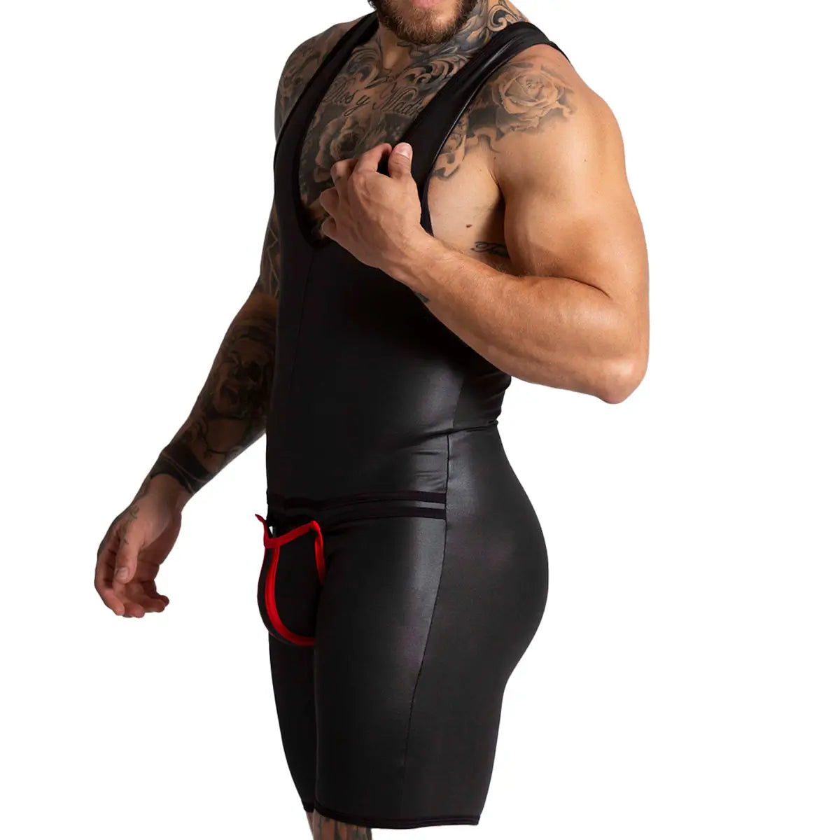 F FETISH RED BODY - Sexy leather bodysuit for man with back zipper and removable front cup