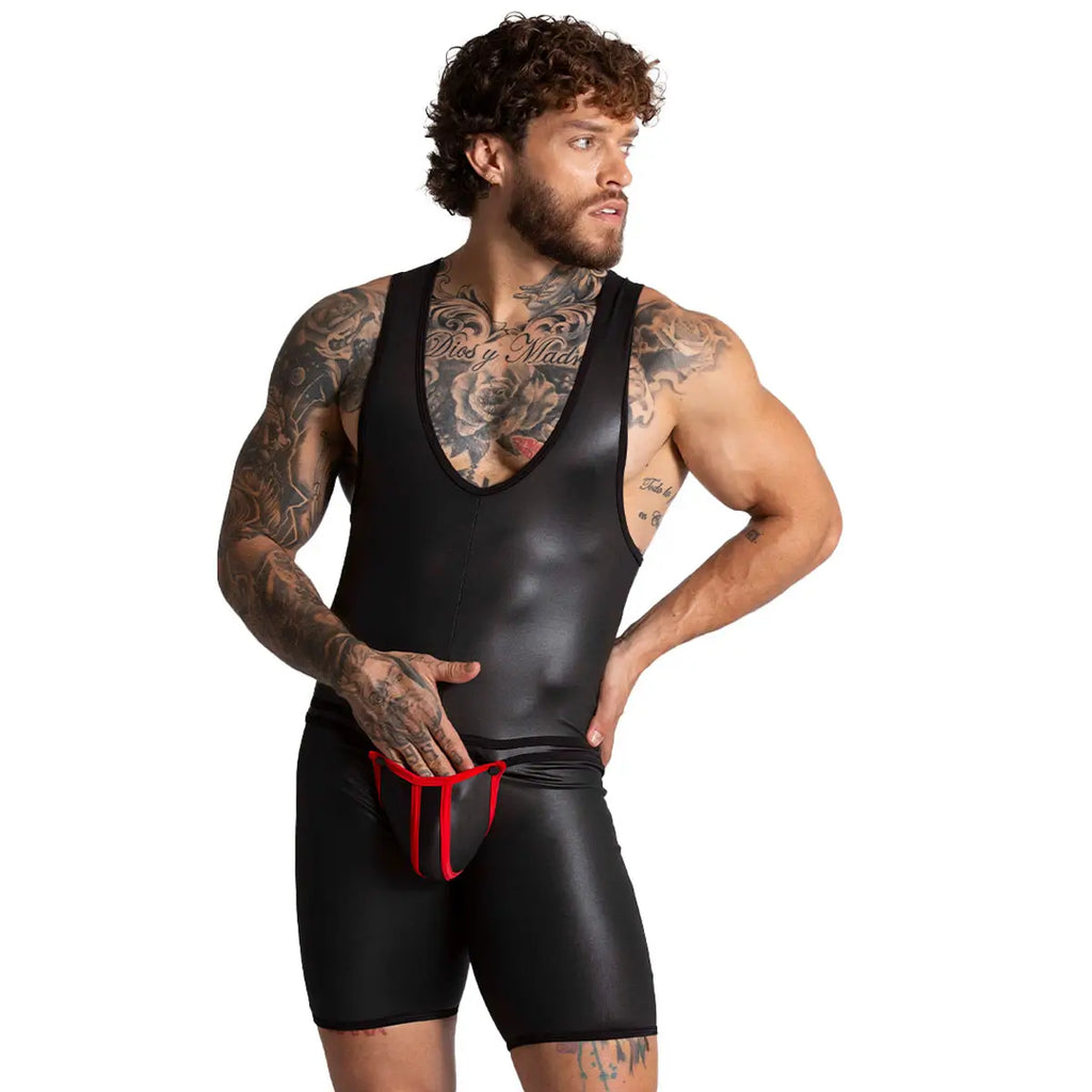 F FETISH RED BODY - Sexy leather bodysuit for man with back zipper and removable front cup