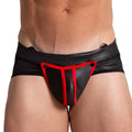 Black and red faux leather briefs with bold angular design featured in gigo f fetish red jockstrap product image