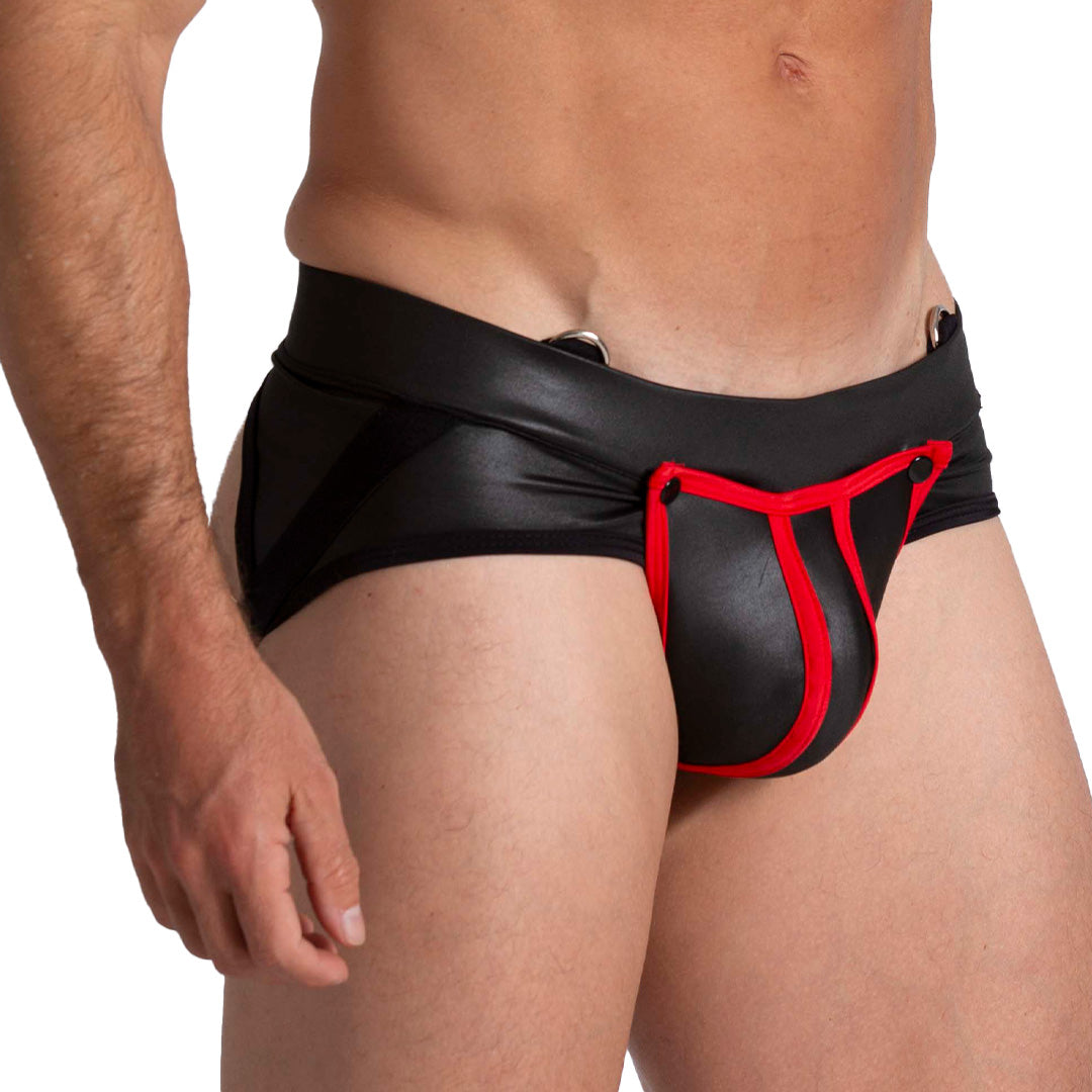 F FETISH RED JOCKSTRAP - Sexy black leather type jockstrap for men with detachable front cup