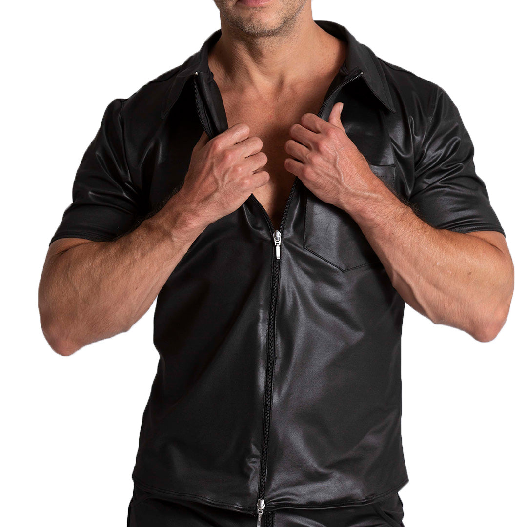 F FETISH SHIRT - Men's black leather-look shirt, Guayabera Shirt