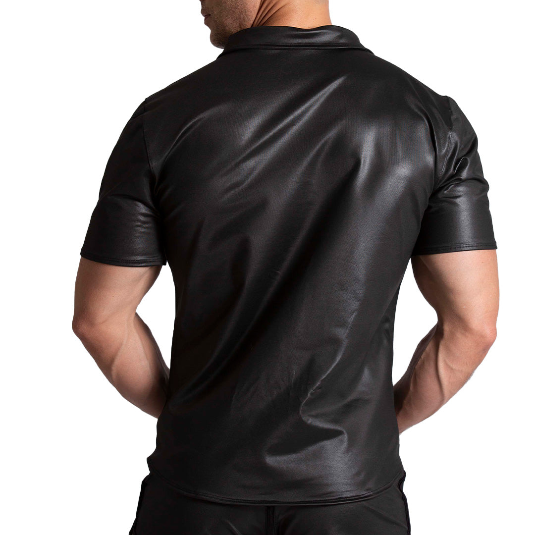 F FETISH SHIRT - Men's black leather-look shirt, Guayabera Shirt