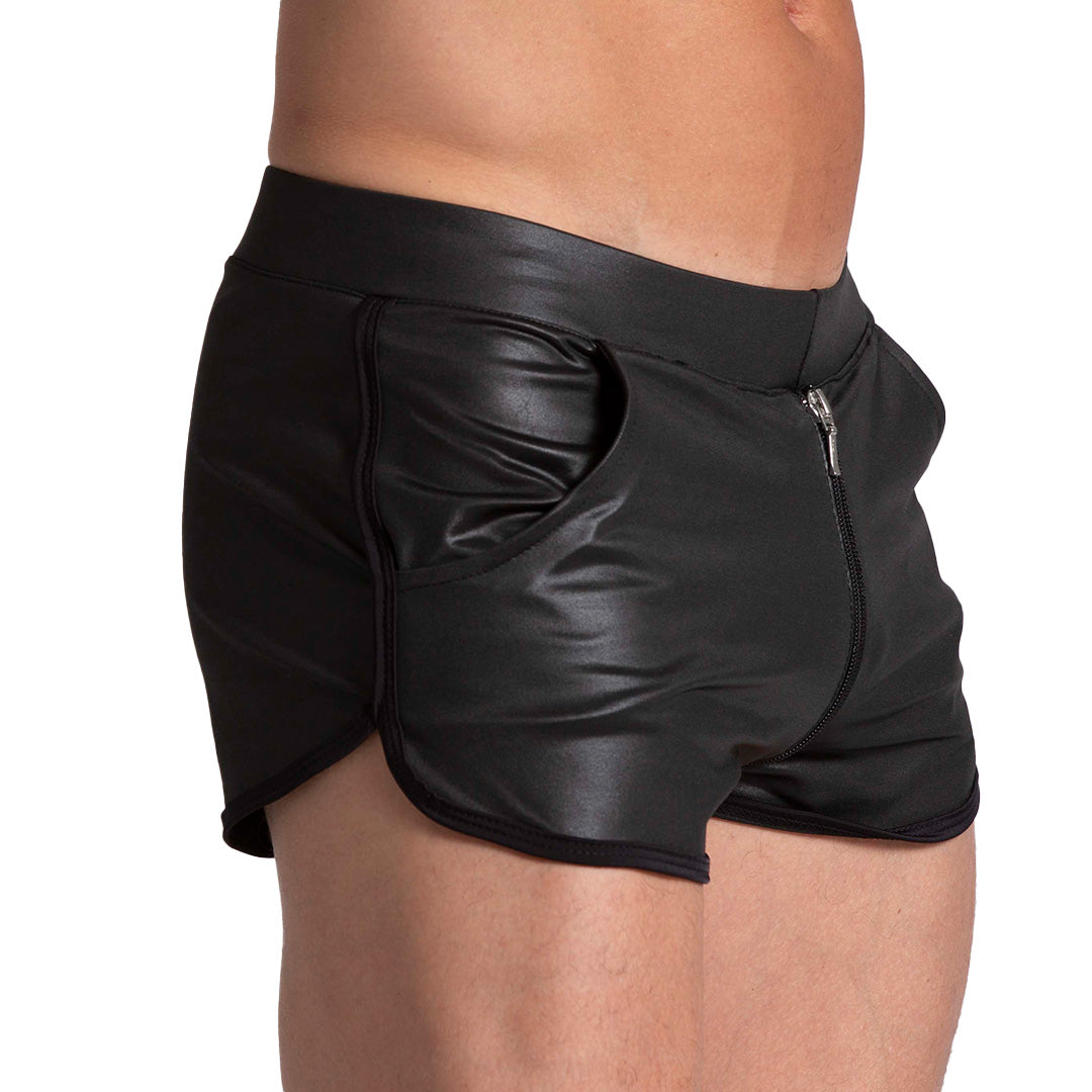 F FETISH SHORT - Sexy black leather shorts for men. Men's shorts with zipper from end to end