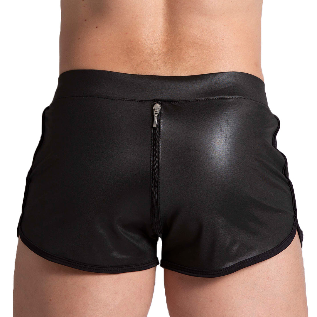 F FETISH SHORT - Sexy black leather shorts for men. Men's shorts with zipper from end to end