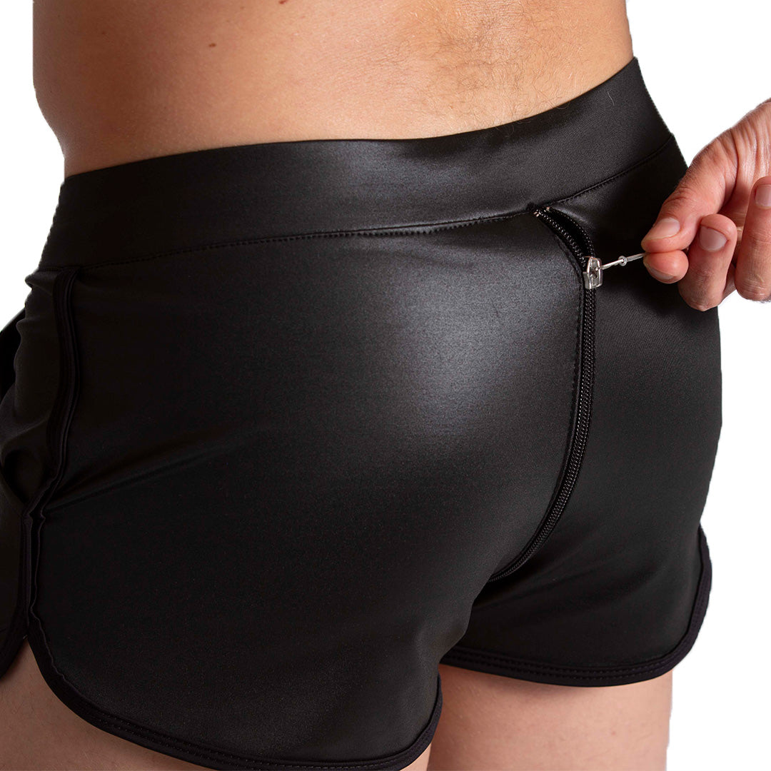 F FETISH SHORT - Sexy black leather shorts for men. Men's shorts with zipper from end to end