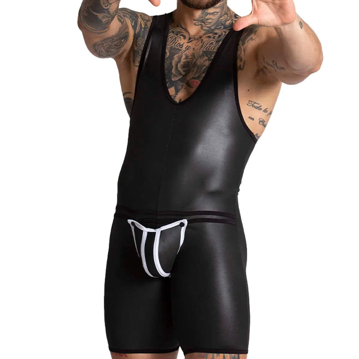F FETISH WHITE BODY - Sexy leather bodysuit for man with back zipper and removable front cup