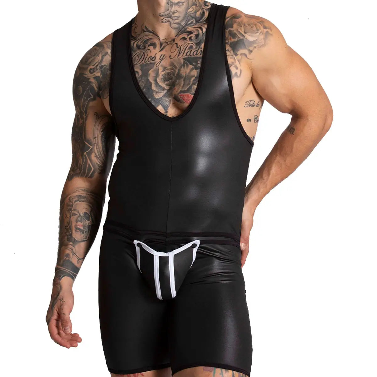 F FETISH WHITE BODY - Sexy leather bodysuit for man with back zipper and removable front cup