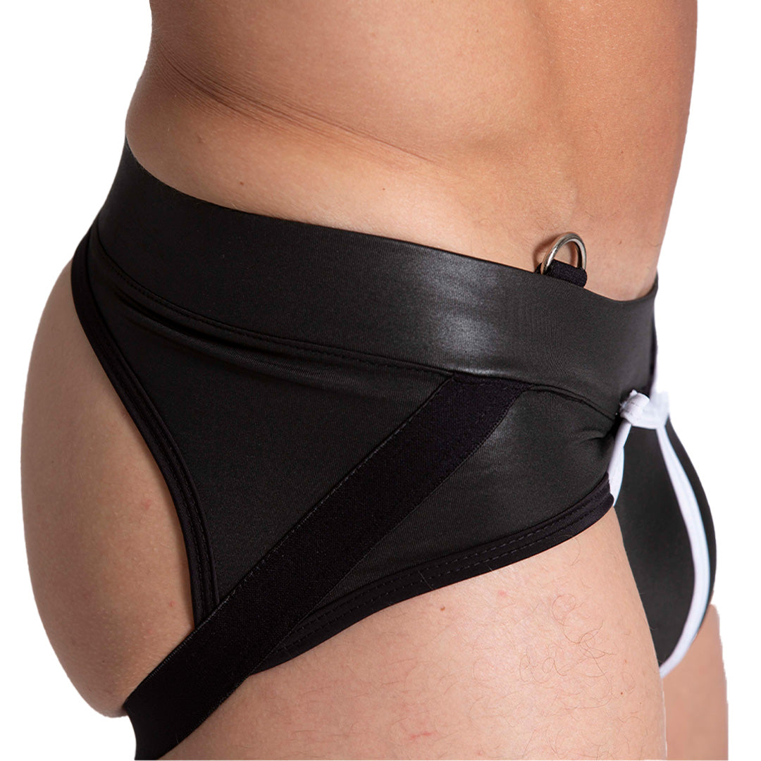 F FETISH WHITE JOCKSTRAP - Sexy black leather type jockstrap for men with detachable front cup