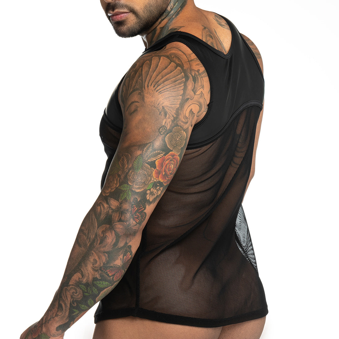 FETICHE BLACK TANK - Sexy black mesh t-shirt for men, sleeveless shirt