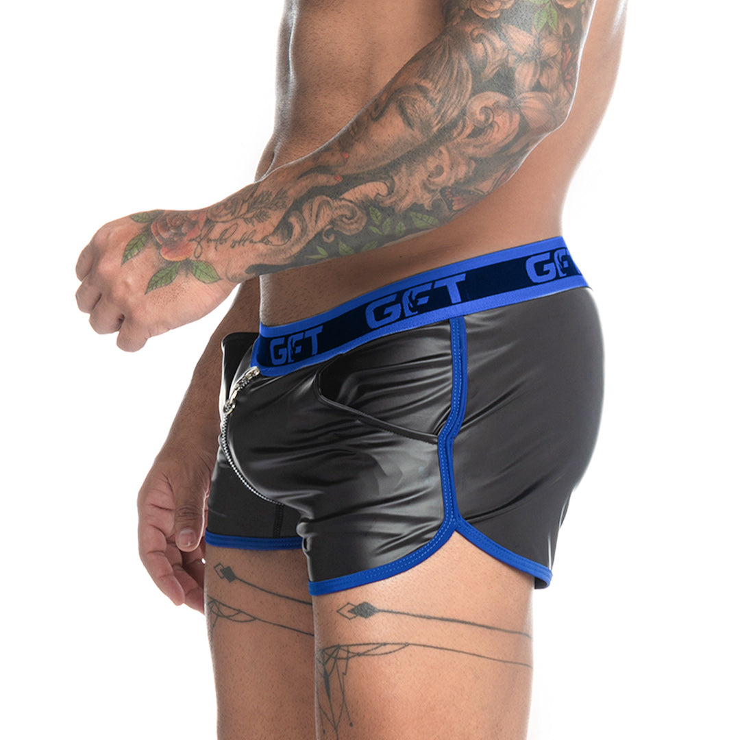 FETICHE BLUE ZIPPER SHORT - Sexy black leather shorts for men. Men's shorts with zipper from end to end