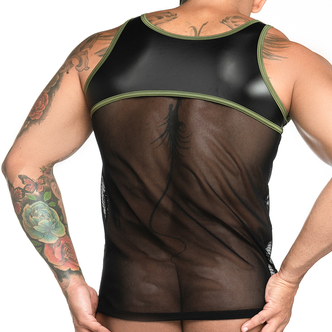 FETICHE GREEN TANK - Sexy black mesh t-shirt for men, sleeveless shirt