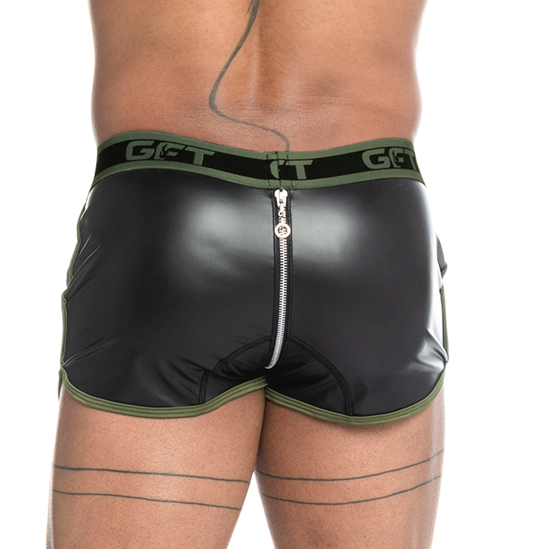 FETICHE GREEN ZIPPER SHORT - Sexy black leather shorts for men. Men's shorts with zipper from end to end