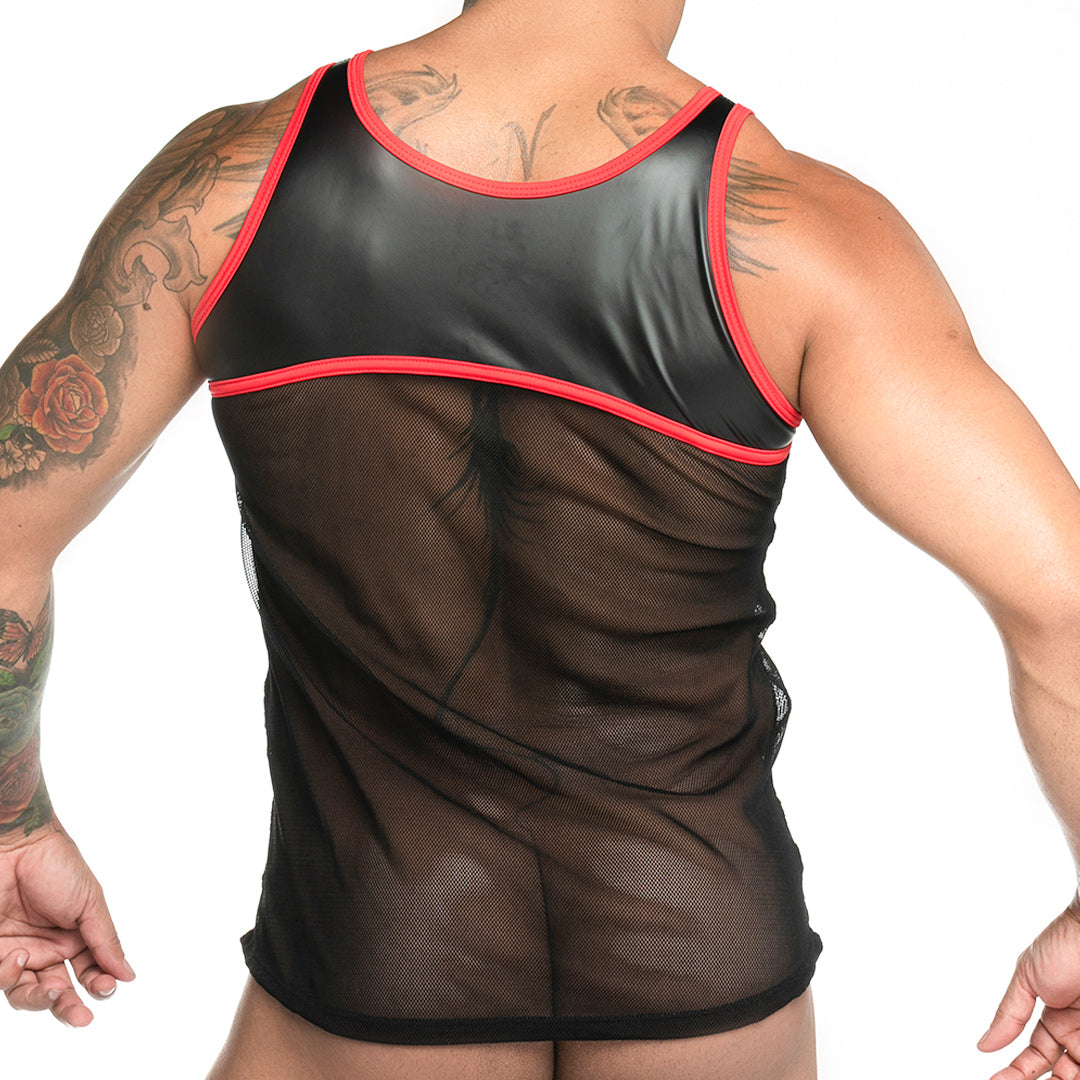 FETICHE RED TANK - Sexy black mesh t-shirt for men, sleeveless shirt