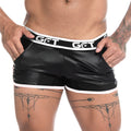 Black patent leather shorts with white trim and get logo waistband from gigo fetiche white short collection
