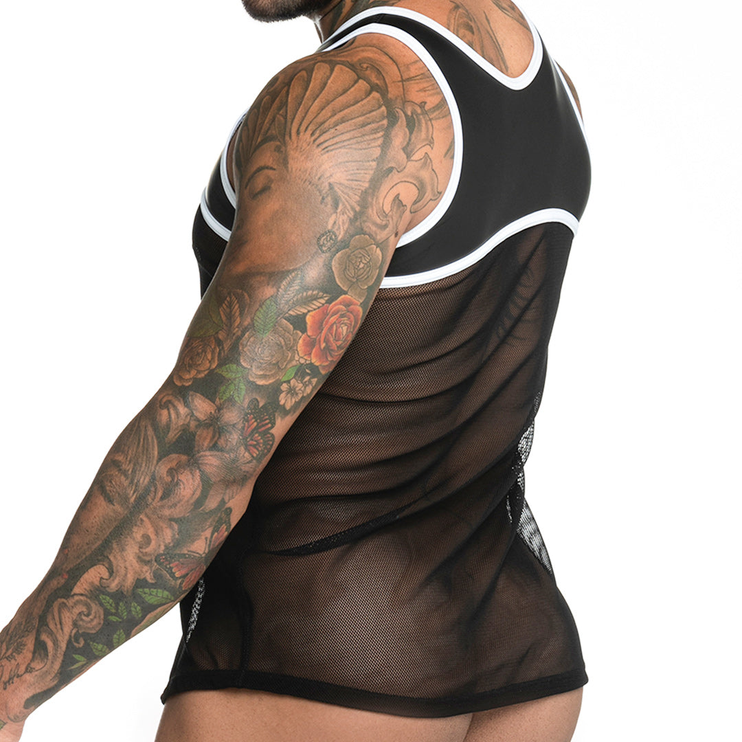 FETICHE WHITE TANK - Sexy black mesh t-shirt for men, sleeveless shirt