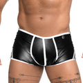 Black patent leather briefs with white trim and silver button from gigo fetiche white trunk collection