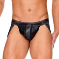 Black faux leather briefs with dark gray elastic waistband featuring gift branding in gigo fetish black jockstrap