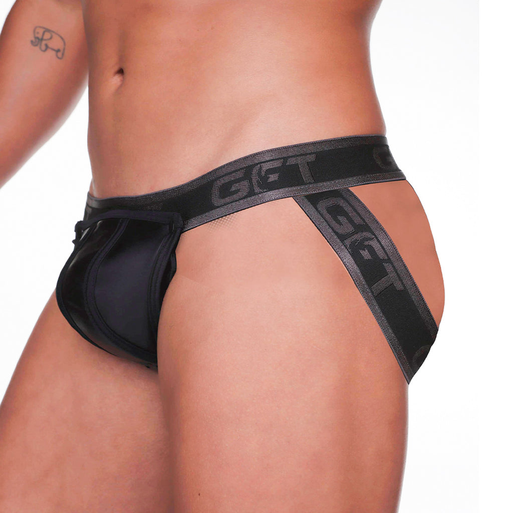 FETISH BLACK JOCKSTRAP - Sexy black leather type jockstrap for men with detachable front cup