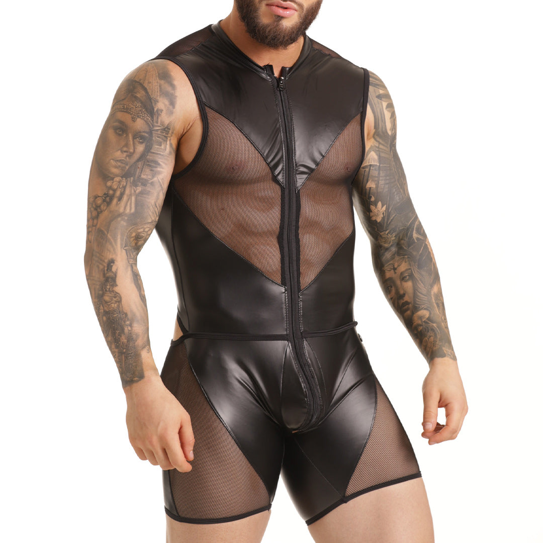 FETISH BODY - Sexy one-piece bodysuit for men with front zipper, made of leather-like fabric.