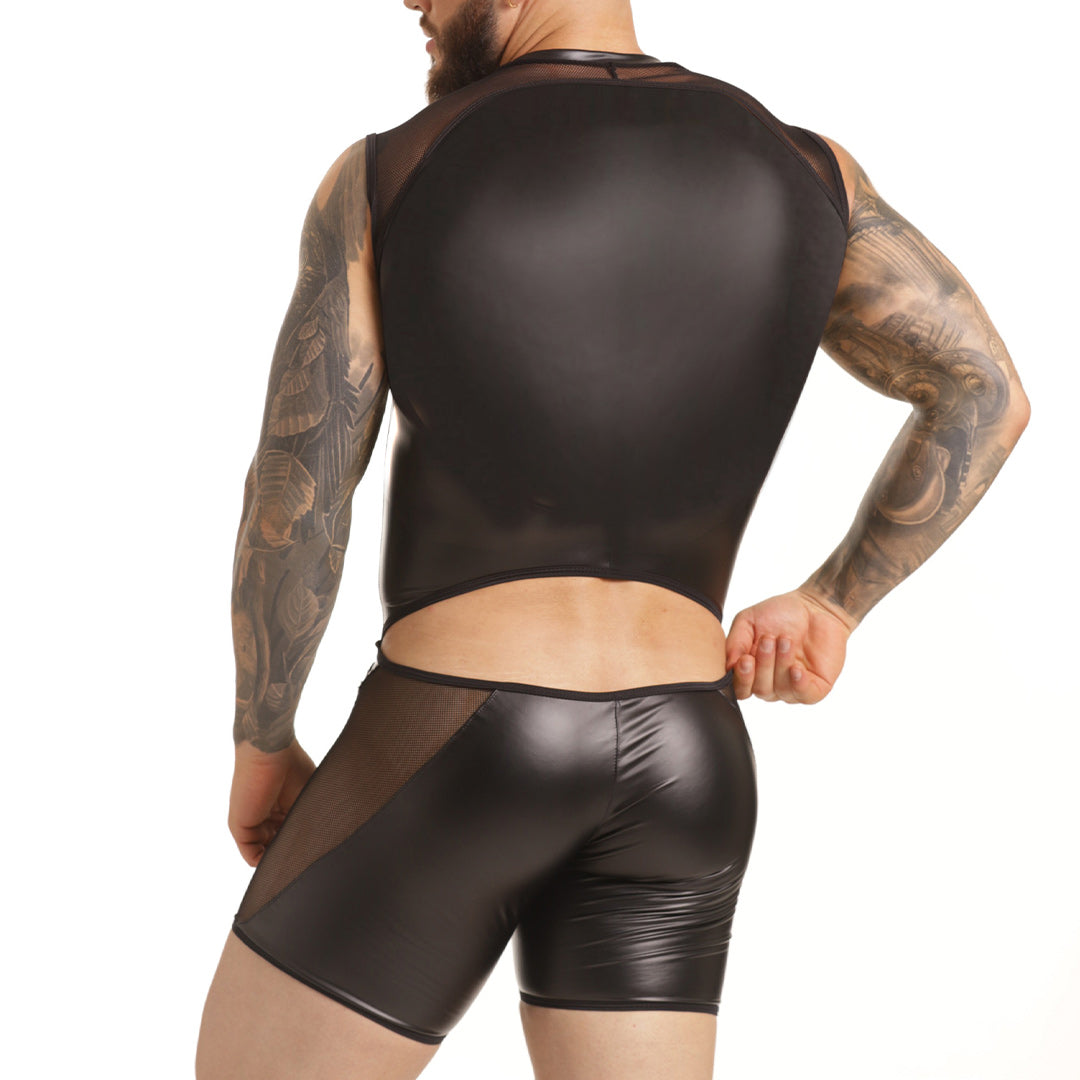 FETISH BODY - Sexy one-piece bodysuit for men with front zipper, made of leather-like fabric.