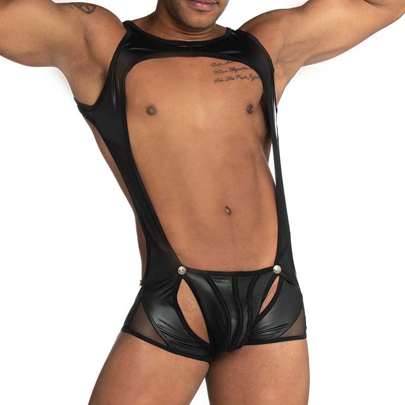 Gigo Fetish Detachable Piping Mesh Cut Out Singlet Bodysuit Black AFW55 Size S - DealByEthan.gay loves Gigo Underwear